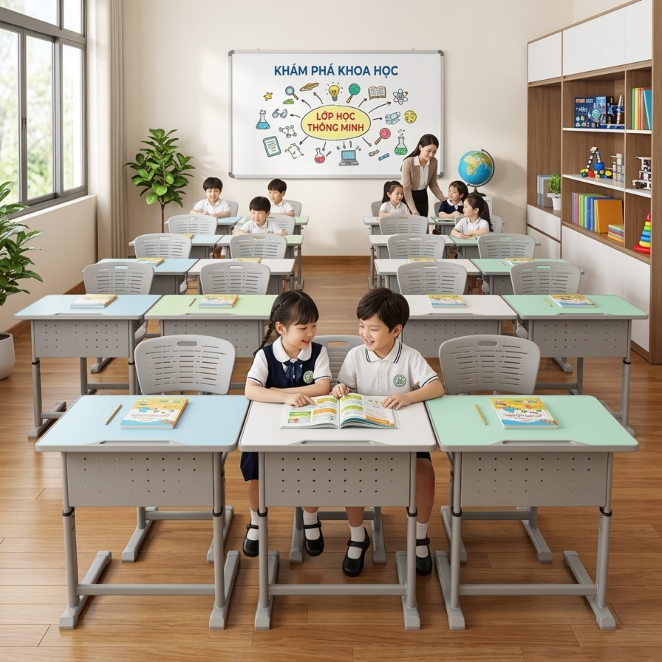 Bộ bàn ghế học sinh nâng hạ chân thẳng